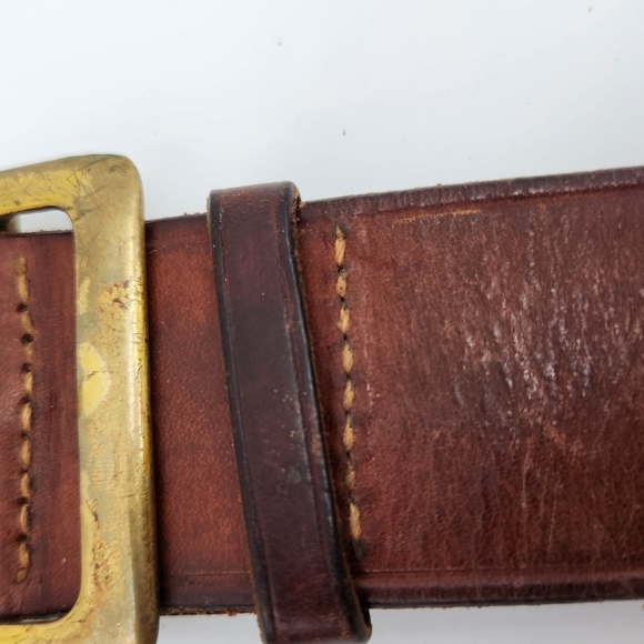 Brown Leather Belt Mens Size 36 Oil Tanned Harness Solid Brass Genuine Handmade - Picture 6 of 11